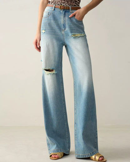 High-Waisted Distressed Straight-Leg Jeans
