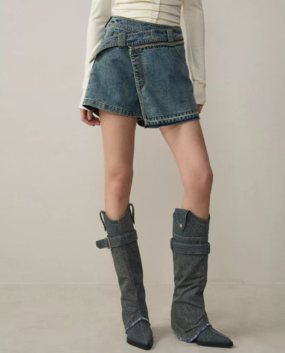 High-Rise Denim Skirt-Short