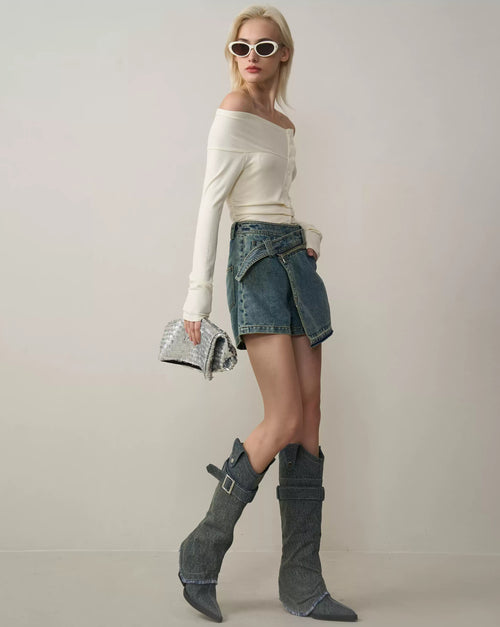 High-Rise Denim Skirt-Short