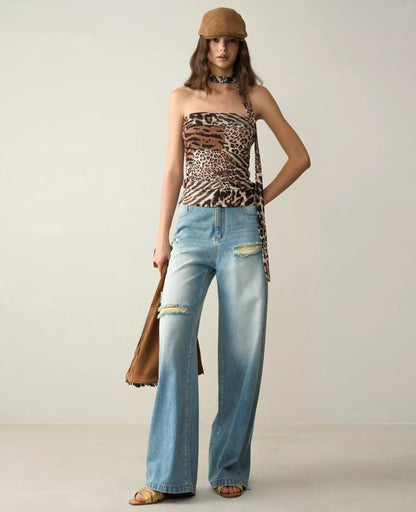 High-Waisted Distressed Straight-Leg Jeans
