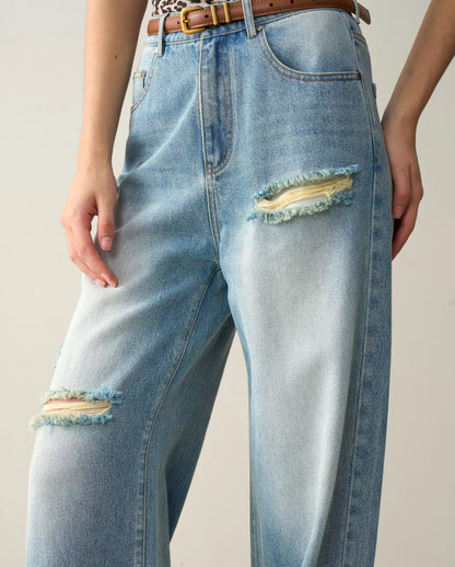 High-Waisted Distressed Straight-Leg Jeans