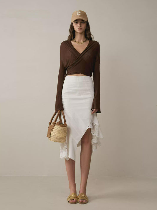 Lace-Trim Denim Skirt